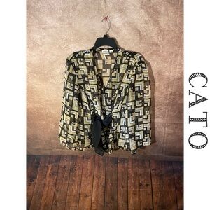 Cato Shear Brown/Beige/Black Tie-front Sheer Blouse | Women's Size Large-EUC